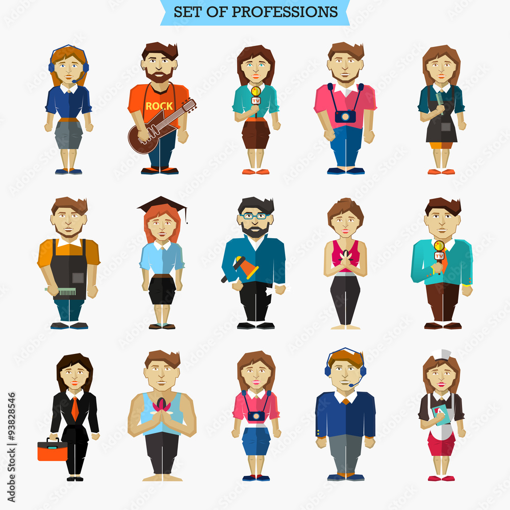 Set of 15 professions. Meteorologist, hairdresser, interviewer, Set of 15 professions. Meteorologist, hairdresser, interviewer,