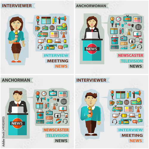 Set of professions. Anchorman, interviewer, anchorwoman.