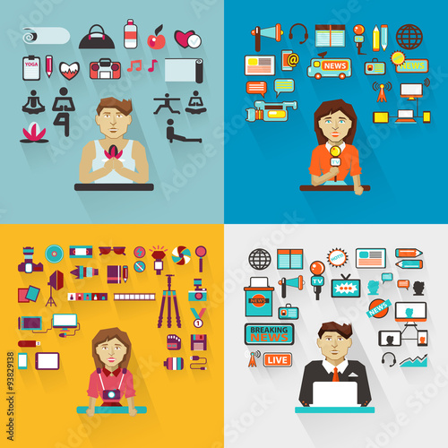 Set of professions. Yoga instructor, interviewer, photographer,