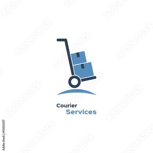 Courier services logo, hand truck with cardboard boxes silhouette