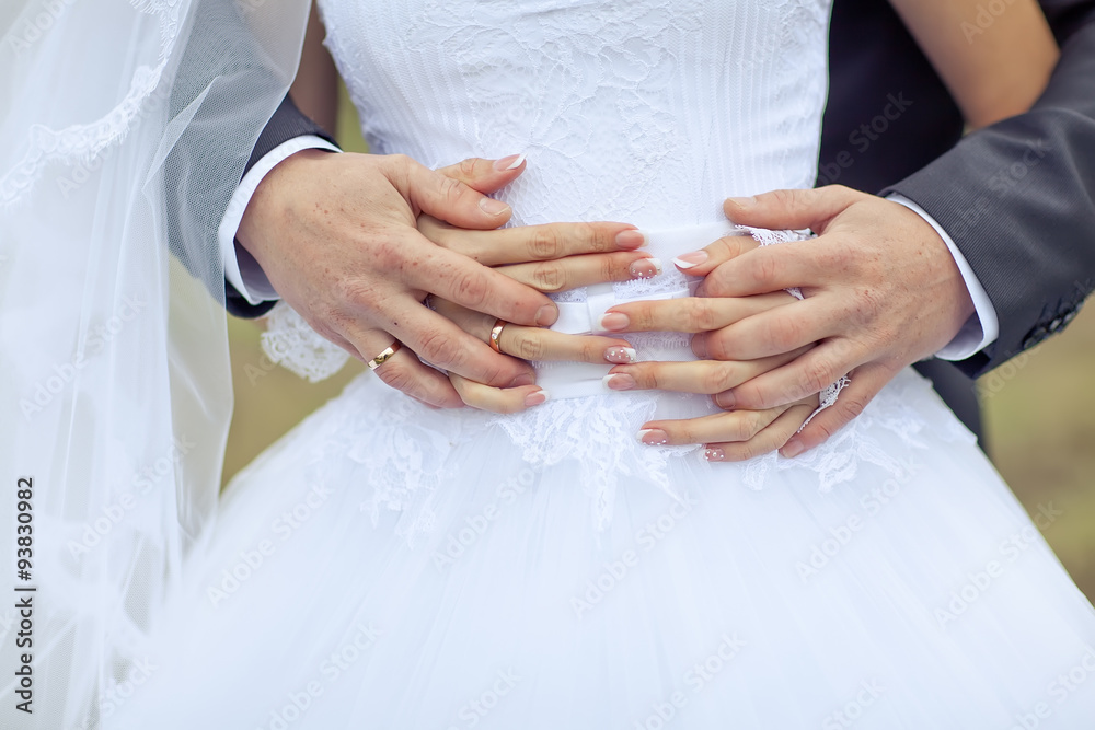 Happy new married are walking in autumn forest Happy new married are walking in autumn forest