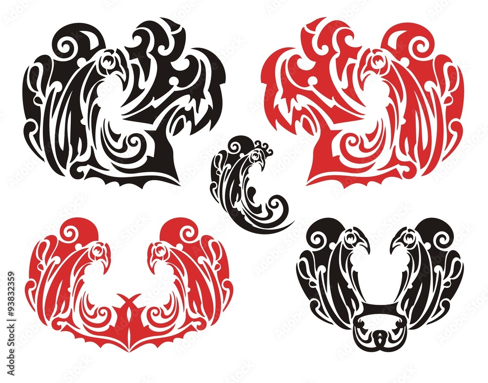 Flaming peacock heart . Black and red options. Set of decorative hearts by St. Valentine's Day Flaming peacock heart . Black and red options. Set of decorative hearts by St. Valentine's Day