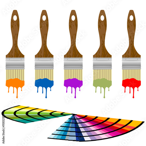 Set of color samples and paintbrushes over white background