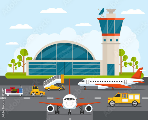 Airport with infographic elements templates. Vector flat illustration