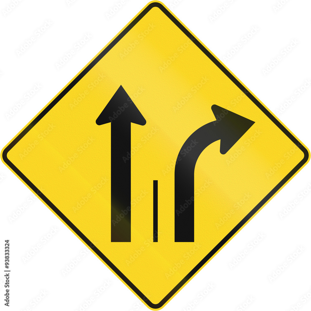 Warning road sign in Quebec, Canada - Two lanes with right turn lane Warning road sign in Quebec, Canada - Two lanes with right turn lane