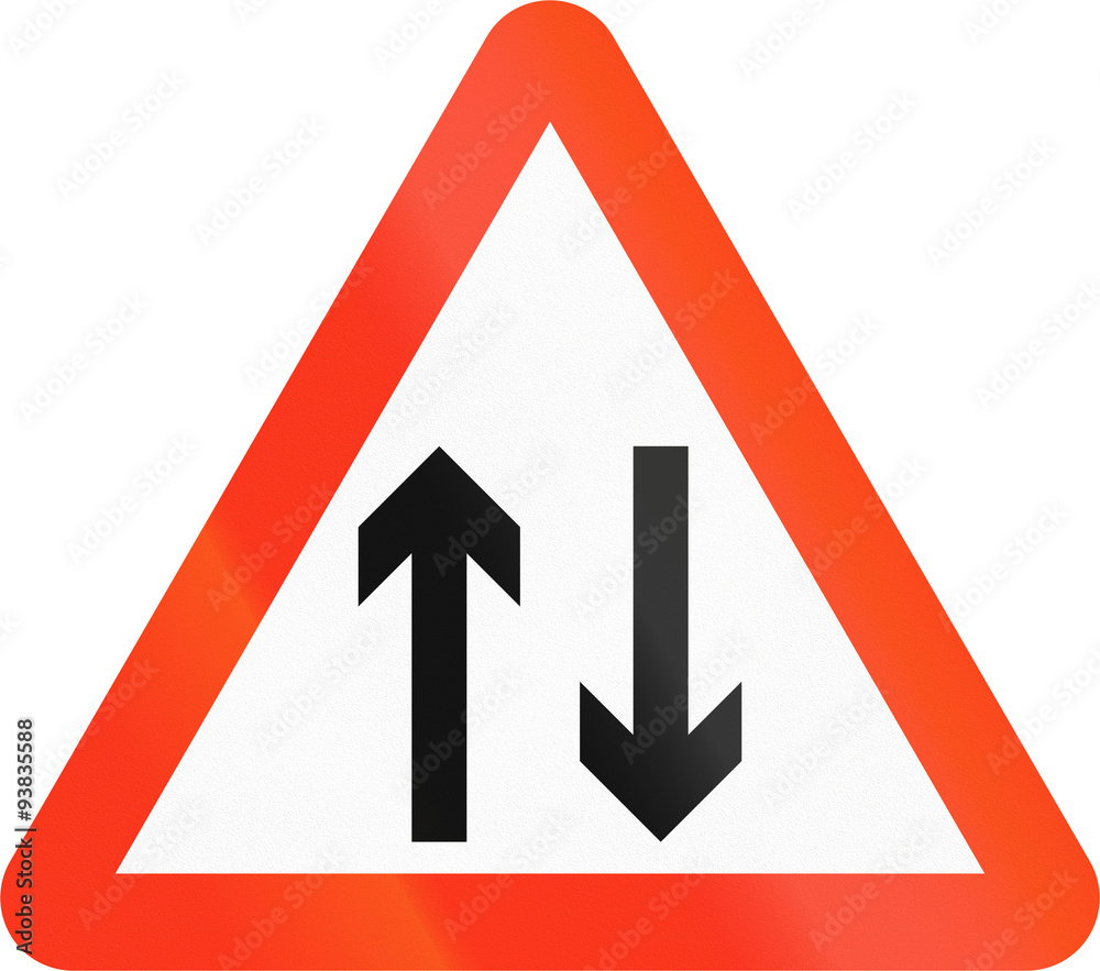 Bangladeshi sign warning about opposing traffic on a two-way road Bangladeshi sign warning about opposing traffic on a two-way road