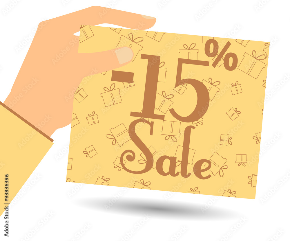 Discount coupons in hand. Special offer for holidays and weekends. Card with a seamless pattern of gift boxes. Design element in a flat style. Discount coupons in hand. Special offer for holidays and weekends. Card with a seamless pattern of gift boxes. Design element in a flat style.