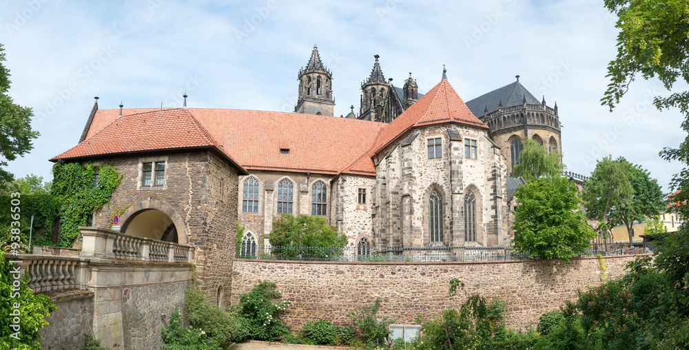River side of Magdeburg Cathedral (Protestant Cathedral of Magdeburg Mauritius and St. Catherine) - one of the oldest Gothic buildings in Germany.