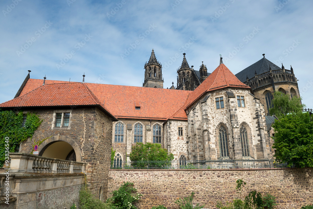 River side of Magdeburg Cathedral (Protestant Cathedral of Magdeburg Mauritius and St. Catherine) - one of the oldest Gothic buildings in Germany.