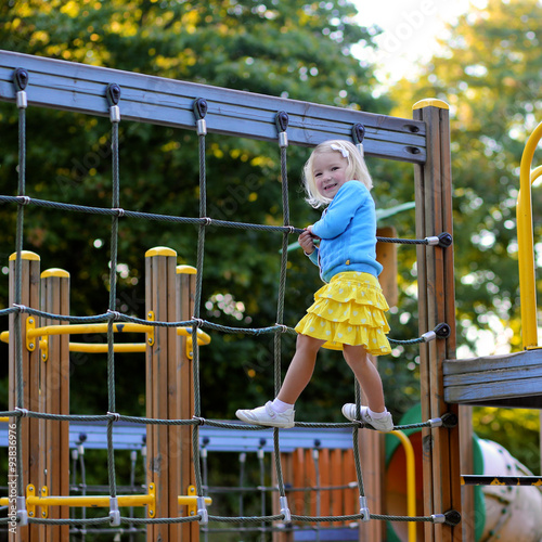 Happy kid enjoying activity in the park. Adorable little child, blond cute toddler girl, having fun outdoors climbing on playground on a sunny day