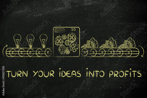 turn your ideas into profits: factory machine illustration