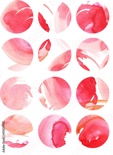 Watercolor painted red colors in circles, raster texture