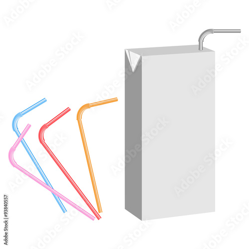 Milk or Juice Box Mock Up With drinking straw and Set of Colorful Straws. Vector