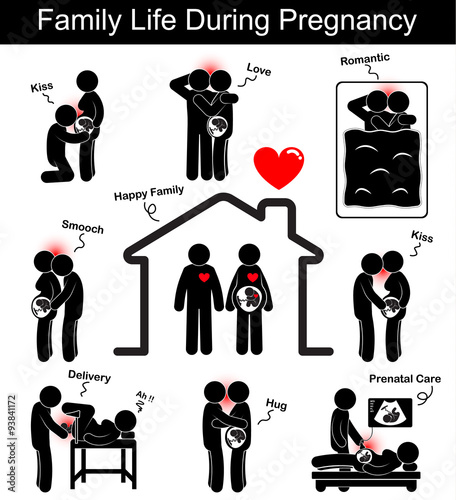 Family life during pregnancy ( husband and wife with different gesture : kiss , smooch ,smack , hug , love , romance on bed time , doctor deliver a baby in hospital , prenatal care ) ( flat design )