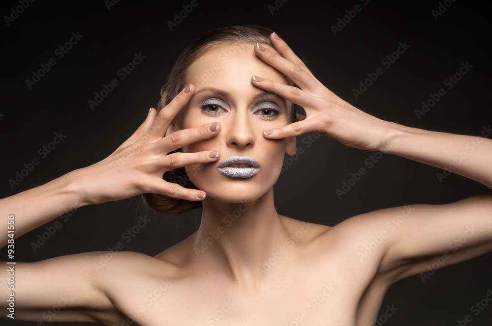 High fashion look, closeup beauty portrait bright makeup, colorful blue bright lips High fashion look, closeup beauty portrait bright makeup, colorful blue bright lips