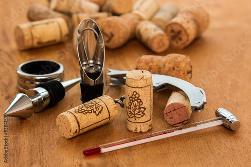 Different wine tools and corks