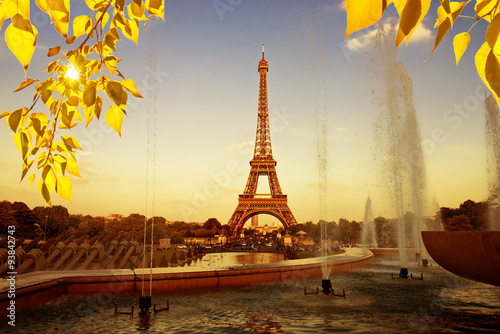 Eiffel Tower (La Tour Eiffel) with fountains. Beautiful sunset landscape in Paris. 