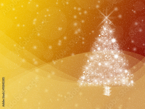Orange and yellow winter holidays greeting card background, with white Christmas tree and snow. Copyspace.