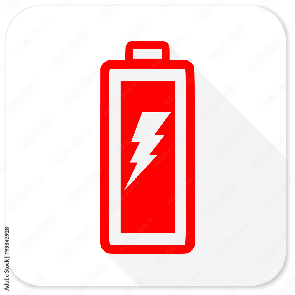 battery red flat icon with long shadow on white background battery red flat icon with long shadow on white background