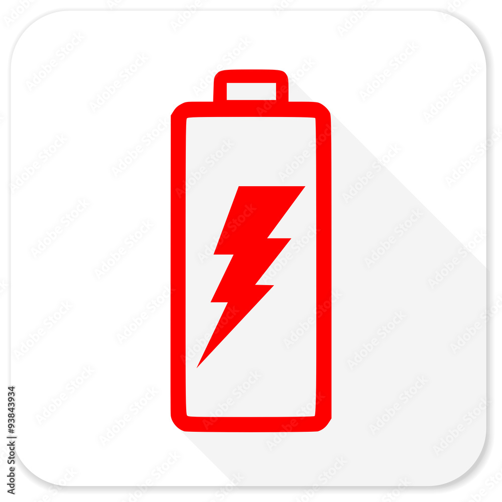 battery red flat icon with long shadow on white background battery red flat icon with long shadow on white background