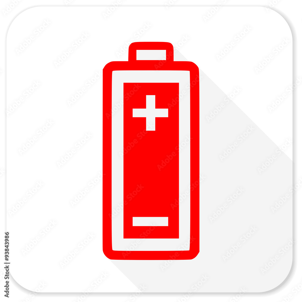 battery red flat icon with long shadow on white background battery red flat icon with long shadow on white background