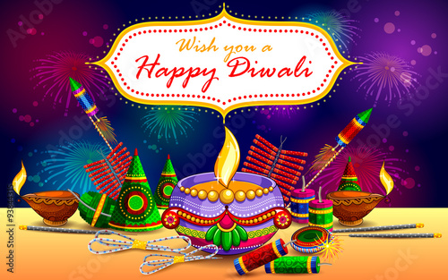 Happy Diwali background with diya and firecracker