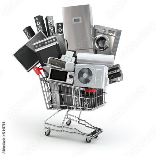 Home appliances in the shopping cart. E-commerce or online shopp photo