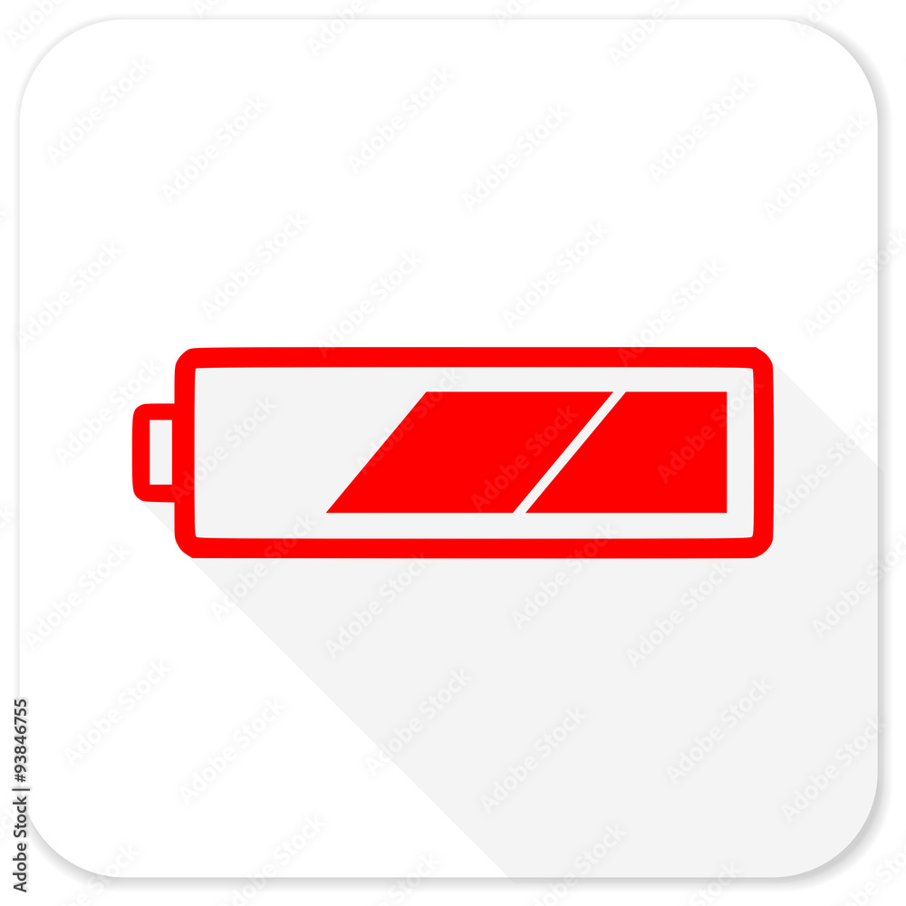 battery red flat icon with long shadow on white background battery red flat icon with long shadow on white background
