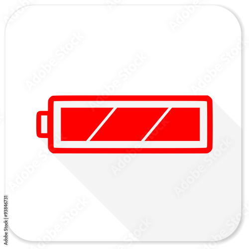 battery red flat icon with long shadow on white background