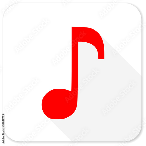 music red flat icon with long shadow on white background