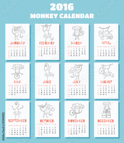 Calendar with monkeys for 2016