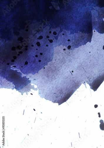 Dark blue and purple stains watercolor background, with lots of splashes and drops. Raster illustration.