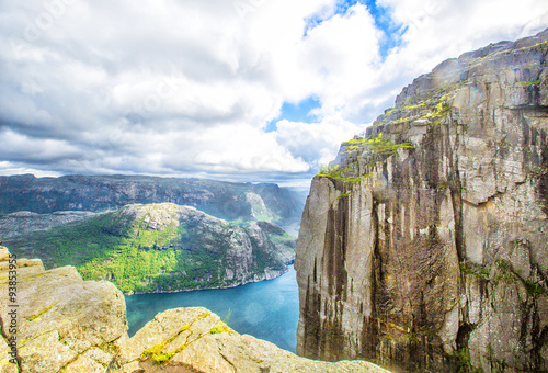 View over the world famous Preikestolen - or pulpit rock - over the Lysefjord, Norway.