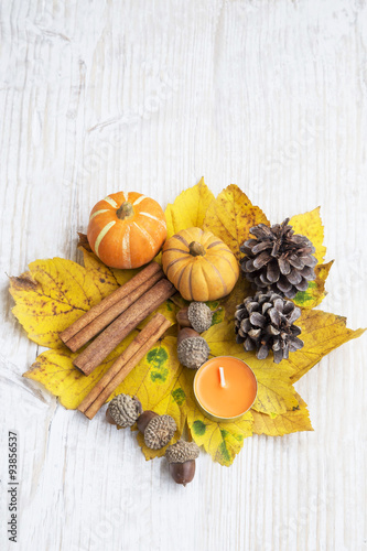 Autumn Decoration.Pumpkins, Dried Leaves , Acorns and Cinnamon