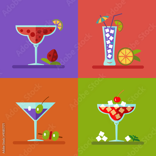 Vector illustration of alcohol bottles, drinks, and cocktails icons set in flat design style. Including different snacks - cherry, strawberry, lime and olive.