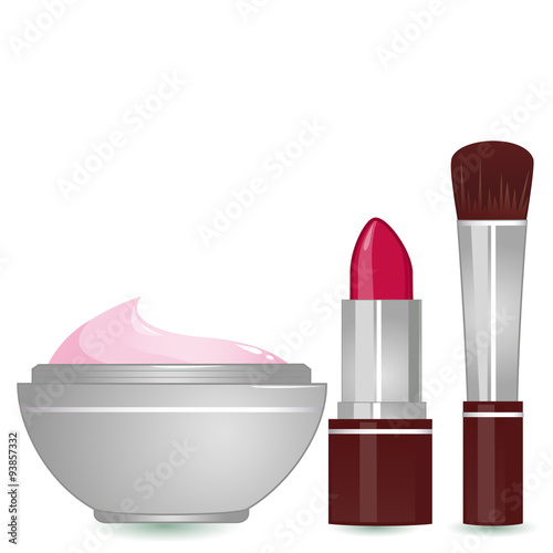 Lipstick, blush brush and a container of moisturizing cream. Vector illustration