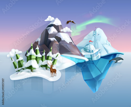 Polar nature, winter wonderland, low poly style landscape, vector infographic