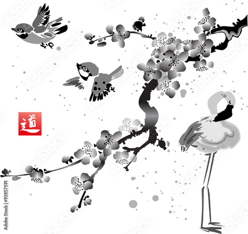 Card with sakura in the bird and flamingos