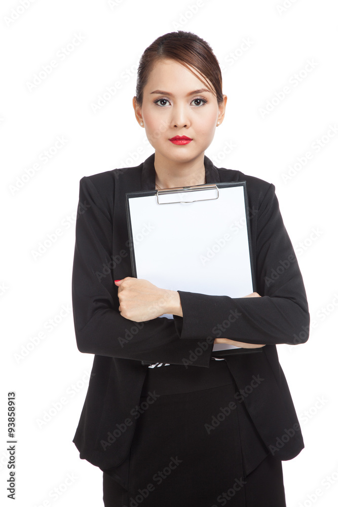 Young Asian business woman hold clipboard Young Asian business woman hold clipboard