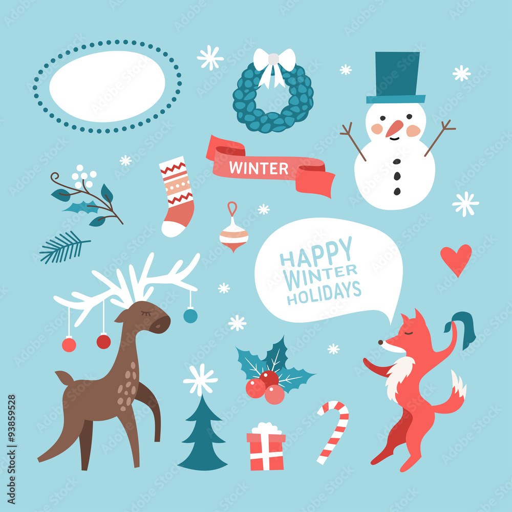 Set of Christmas and New Year Cute Hand Drawn Vector Decorative Design Elements with Cartoon Characters