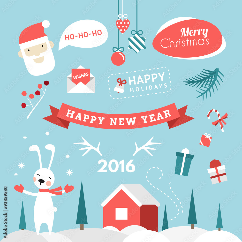 Set of Christmas and New Year Cute Hand Drawn Vector Decorative Design Elements with Cartoon Characters