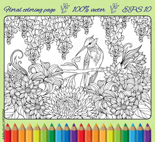 coloring page of bird on a branch in  garden