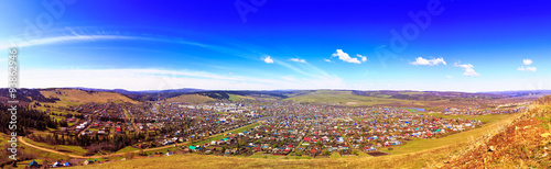 panorama of city in valley with river Russia Bashkiria Sim