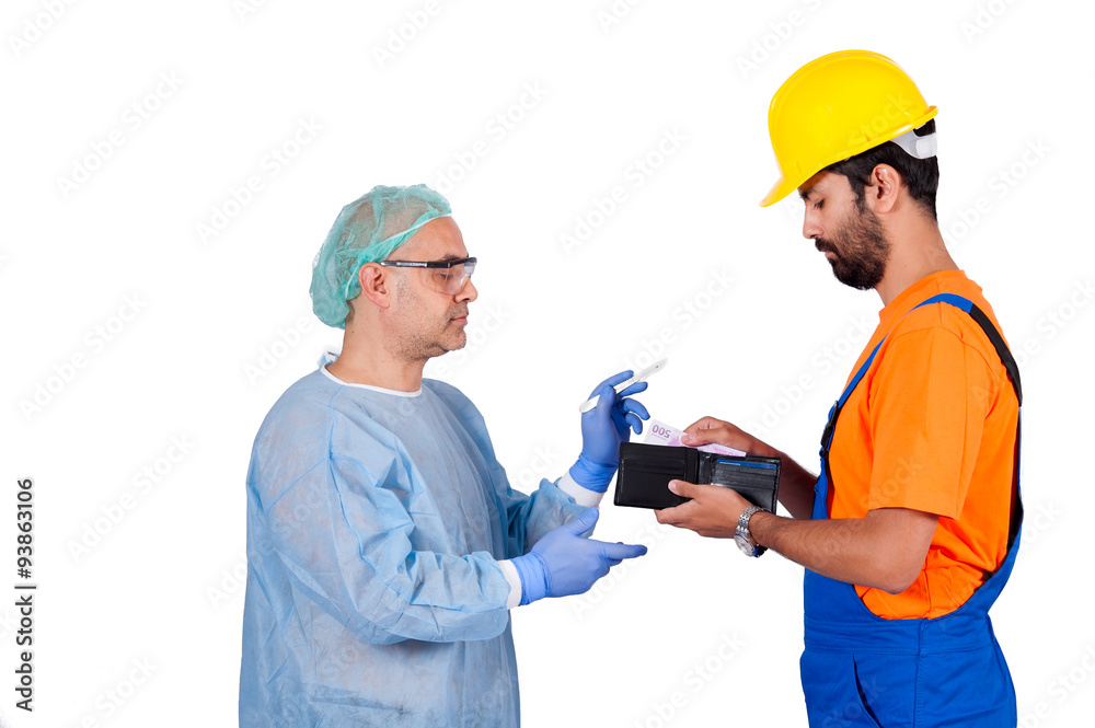 worker paying surgery fee to surgeon isolated on white background worker paying surgery fee to surgeon isolated on white background
