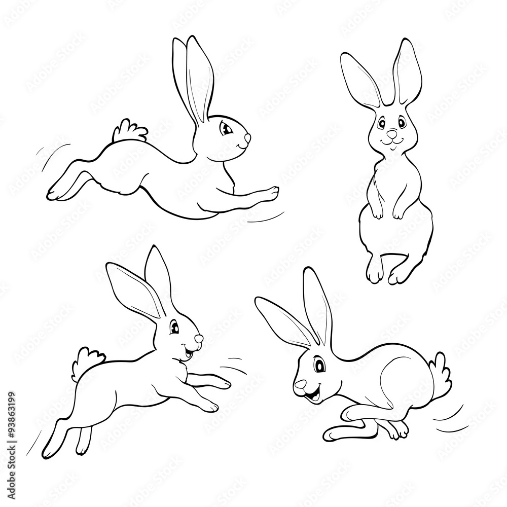Fototapeta premium Coloring book or page. Four fanny rabbits.