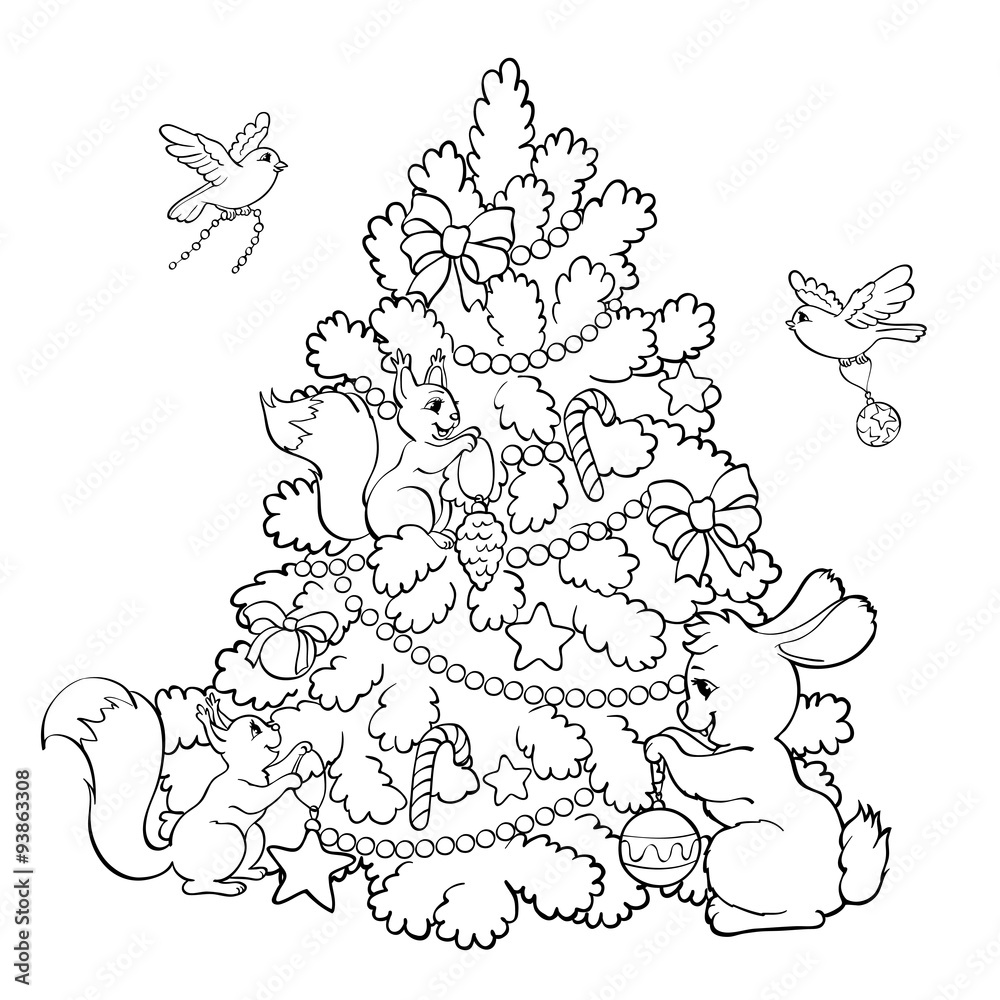 Coloring book. Cartoon animals decorate the Christmas Tree. Stock Vector |  Adobe Stock