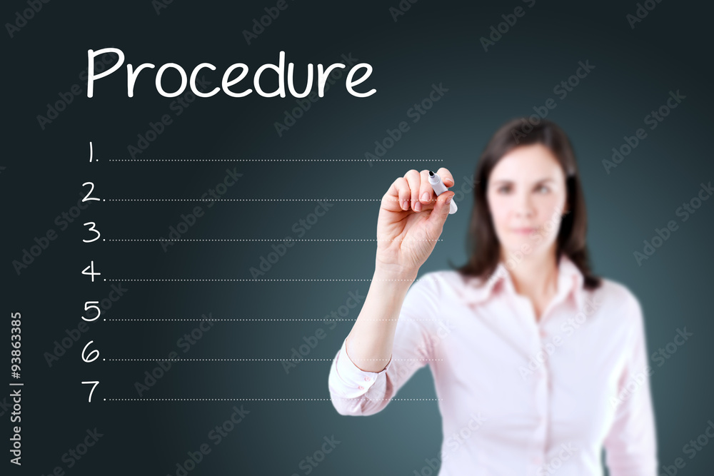 Business woman writing blank procedure list. Blue background. Business woman writing blank procedure list. Blue background.