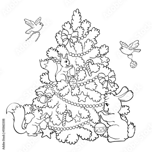 Coloring book. Cartoon animals decorate the Christmas Tree.