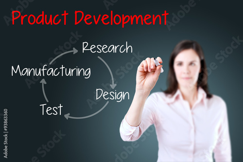 Business woman writing product development concept. Blue background.