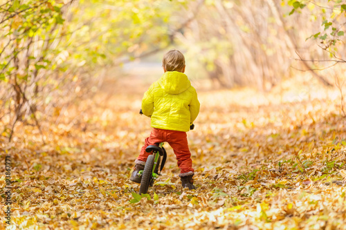 Little boy riding learner bike in autumn park